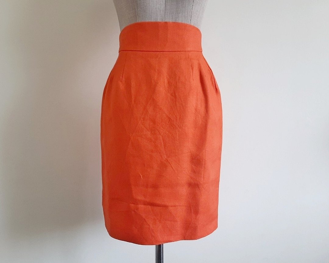 Vintage Orange Linen Pencil Skirt - 裙子 - 棉．麻 橘色