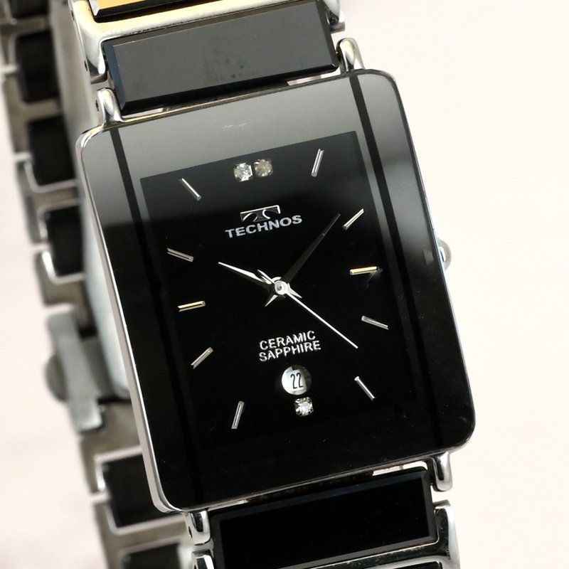 TECHNOS 瑞士制 石英表 男女皆宜 28mm 3P 钻石 坦克造型 陶瓷表壳 手表 - 男表/中性表 - 其他金属 黑色
