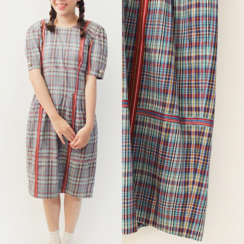 夏日本制复古剪裁灰蓝色格纹格子棉质短袖古着洋装 - 洋装/连衣裙 - 棉．麻 蓝色