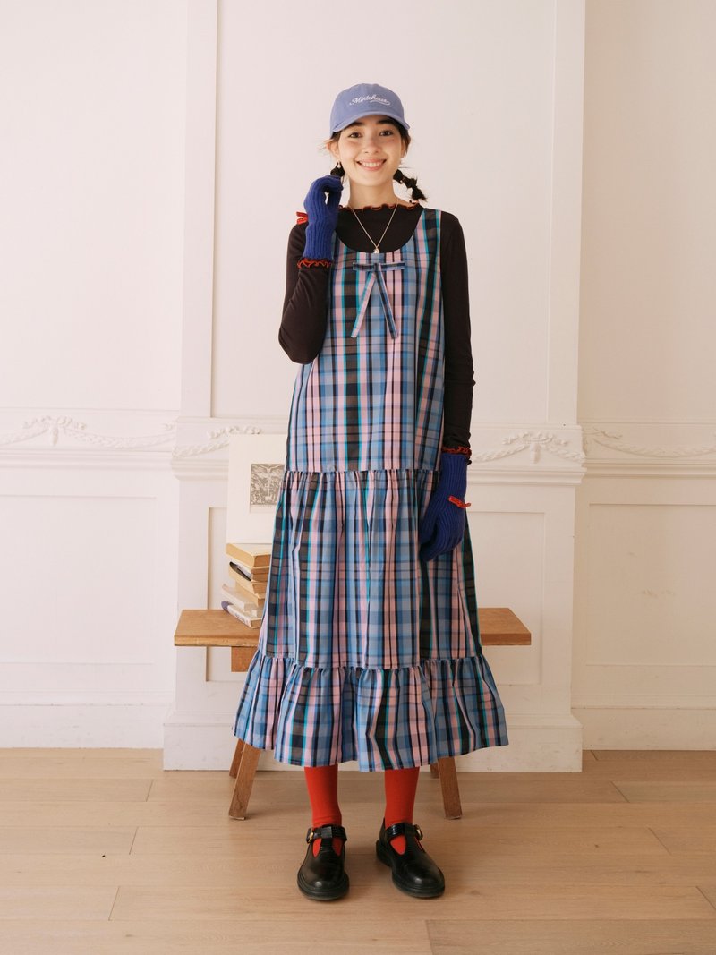 MintCheese限量 日产无平替绝美蓝粉格纹 长款宽松背心裙四季款 - 洋装/连衣裙 - 其他材质 多色