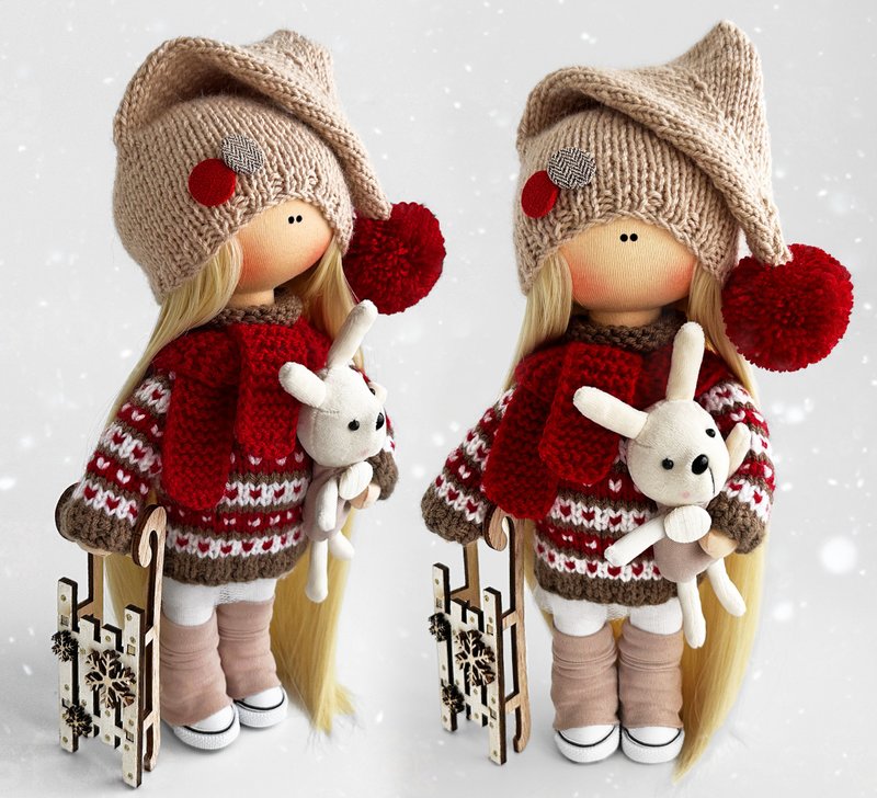 Christmas doll Handmade doll Christmas decor Christmas gift doll Textile doll - 玩偶/公仔 - 其他材质 红色