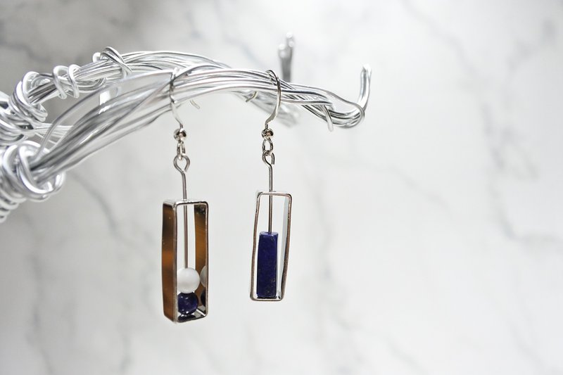 【预言】不对称天然石垂挂耳环 - 耳环/耳夹 - 其他金属 蓝色