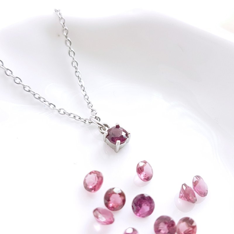 天然玫瑰榴石Garnet 白钢锁骨链 短链 颈链  不怕水不变色防过敏 - 项链 - 不锈钢 红色