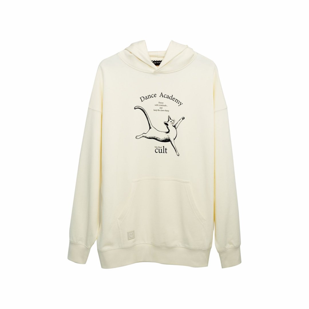 DANCING CAT hoodie by Toby Black - 中性连帽卫衣/T 恤 - 棉 白色