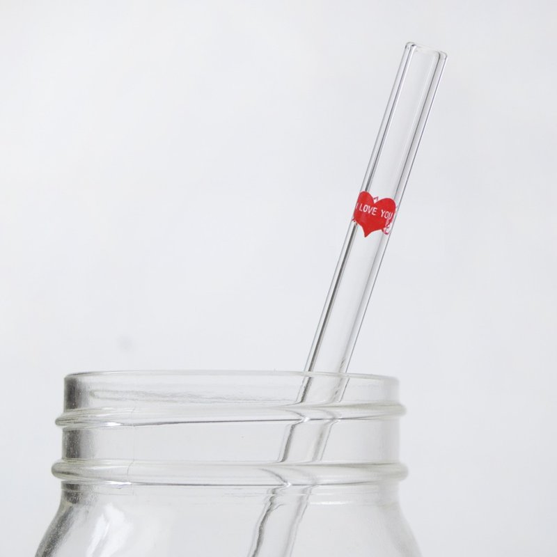 情人节礼物20cm【I LOVE YOU爱心翅膀】尖口可刺穿封膜 (口径0.8cm) 我爱你甜蜜玻璃吸管 重复使用环保爱地球 (附赠清洁刷棒轻松洗净) - 环保吸管 - 玻璃 红色