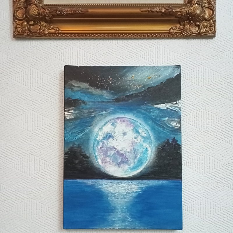 带框帆布画月光湖面挂画 - 海报/装饰画/版画 - 棉．麻 蓝色