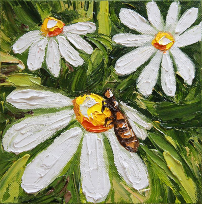 蜜蜂和洋甘菊绘画原创艺术蜜蜂绘画雏菊绘画花卉艺术 - 海报/装饰画/版画 - 棉．麻 绿色