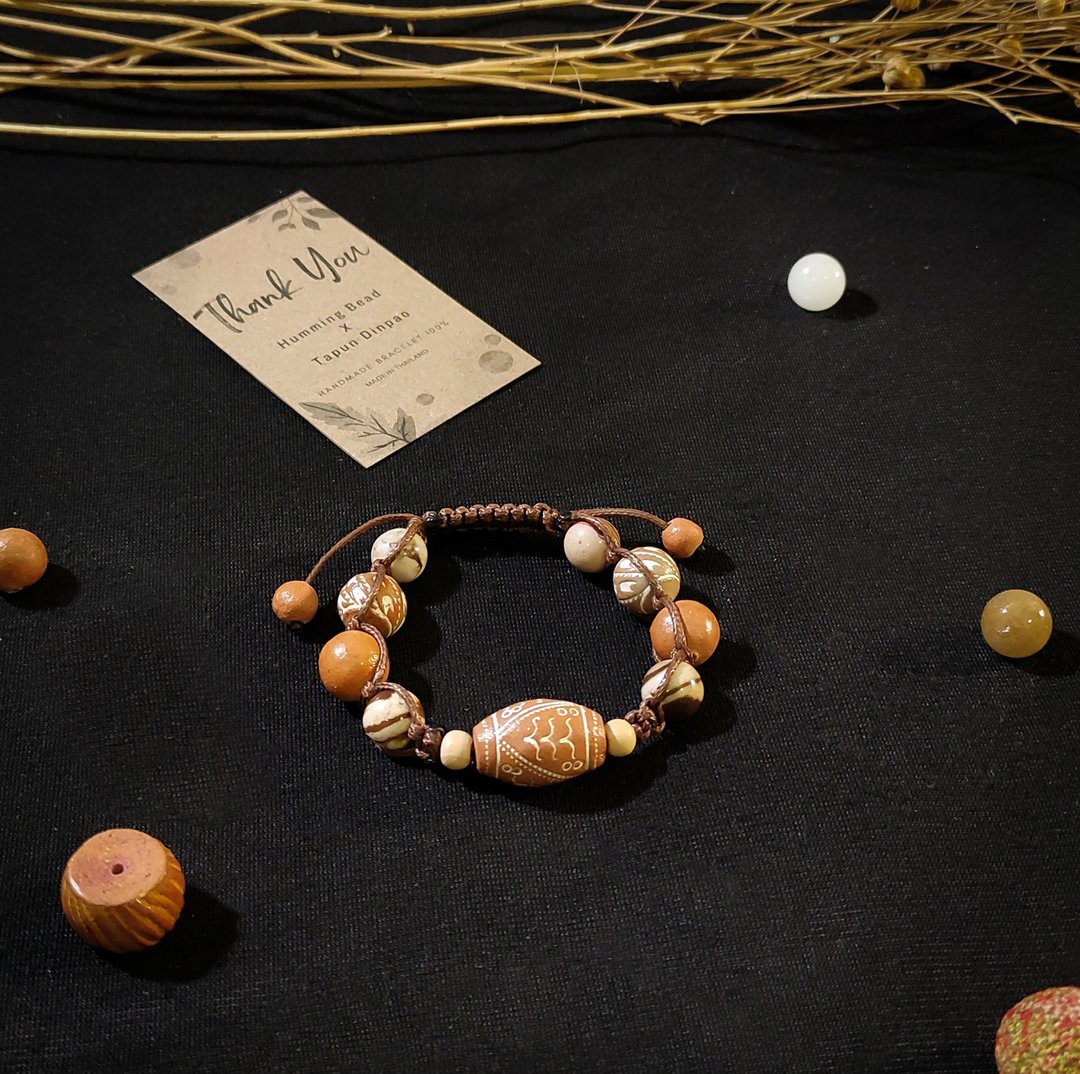 Pottery bead &amp; Picture Jasper Handmade Bracelet - 手链/手环 - 其他材质 咖啡色