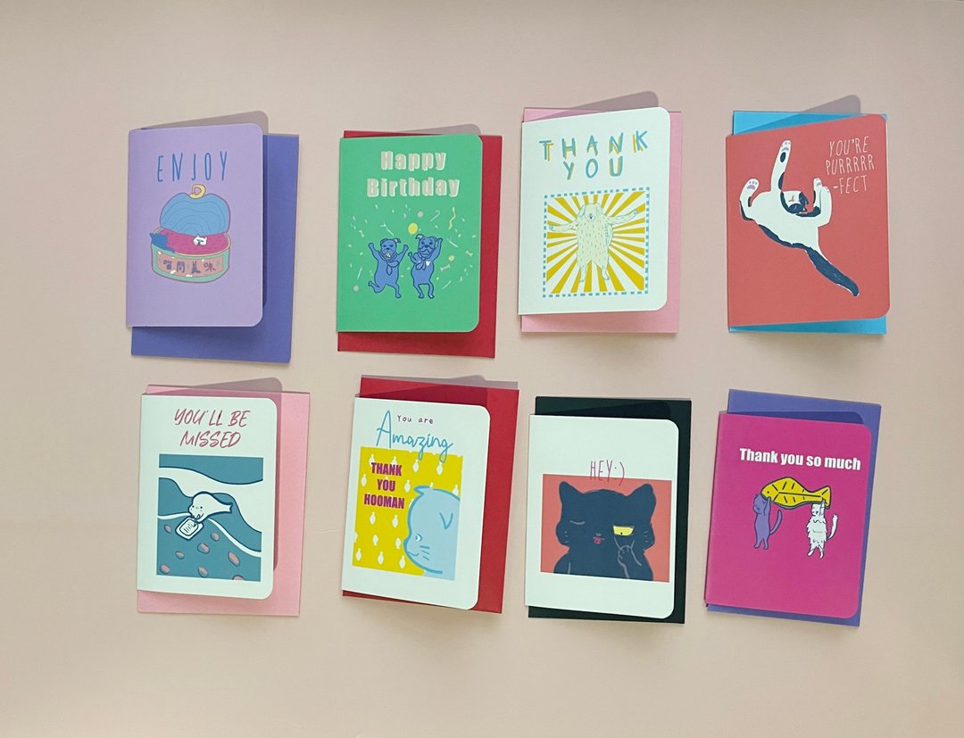 Set of 8 Mini Greeting Cards Pack.  Funny Cute Pets &Animals - 卡片/明信片 - 纸 多色