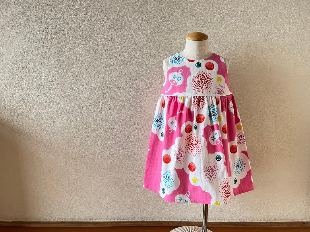 Children's yukata fabric flare dress Chusen Hanabi, pink 80-130 size, made-to-order - 童装裙 - 棉 粉红色