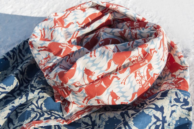 手织纯绵丝巾 手工木刻印植物染围巾 草木染棉丝巾-徜徉花朵森林 - 丝巾 - 棉．麻 多色