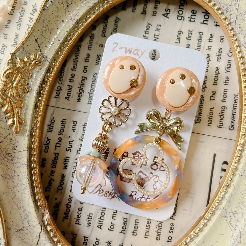 wow Handmade 2-way可爱微笑脸×古董感拼接×手作设计 - 耳环/耳夹 - 其他材质 