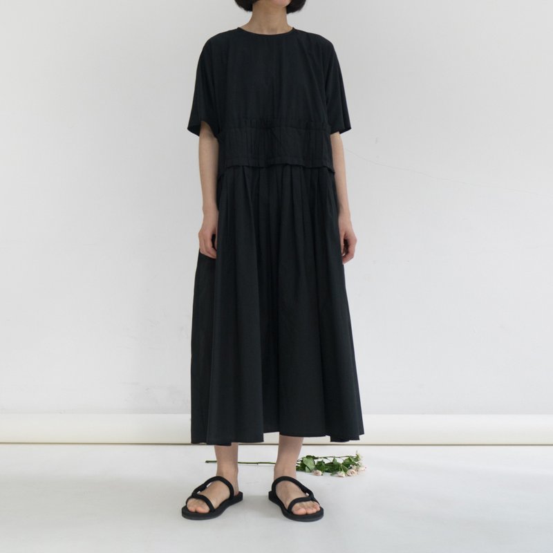 质感手工打褶腰封设计 长款洋装连身裙 黑色 全棉府绸 夏秋 - 洋装/连衣裙 - 棉．麻 黑色