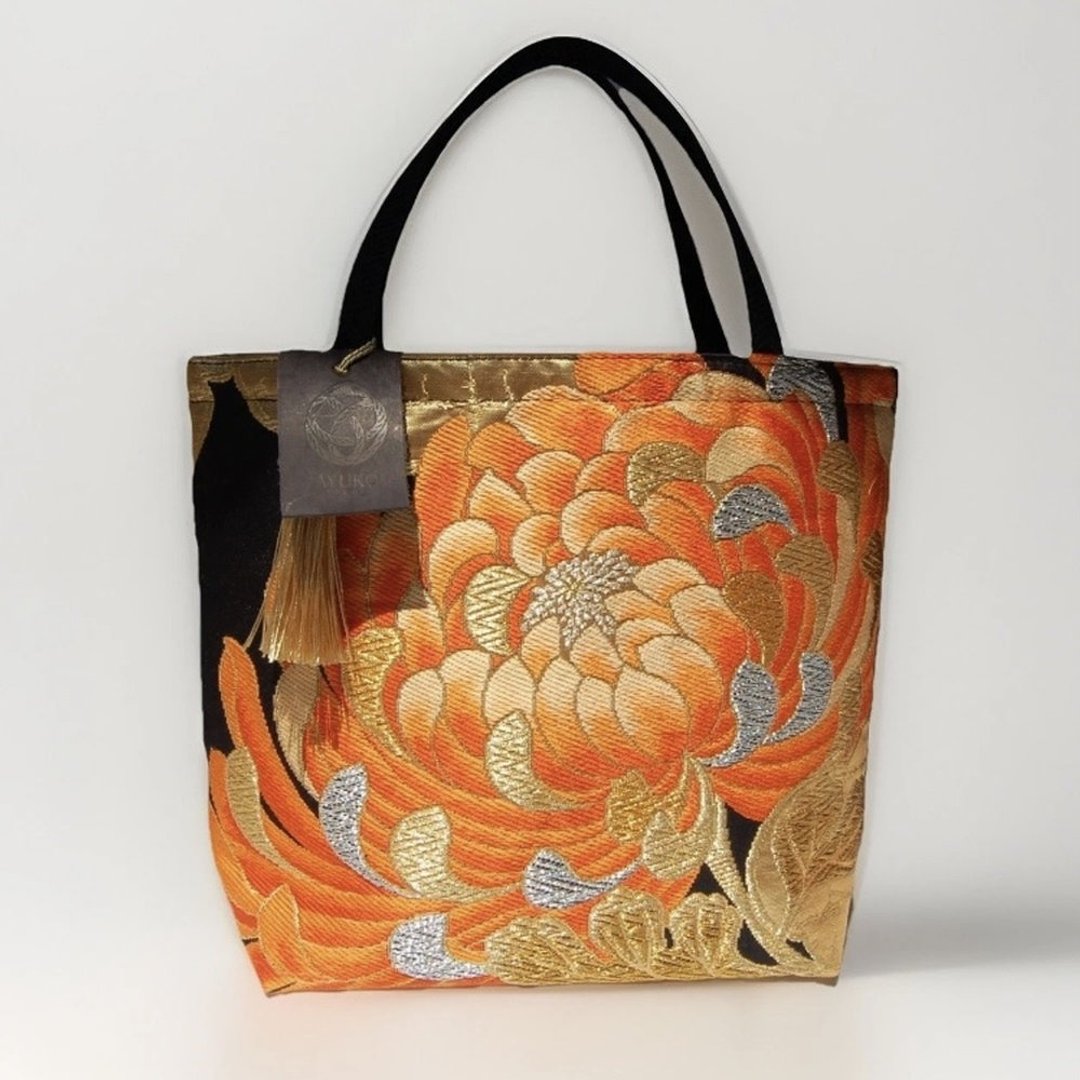 真丝和服袋带托特包，日本手工刺绣升级改造包， - 手提包/手提袋 - 丝．绢 橘色