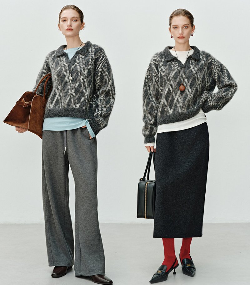 【重工立体菱格】 法式简约/提花翻领毛衣/叠穿套头针织衫 - 女装上衣 - 其他材质 灰色