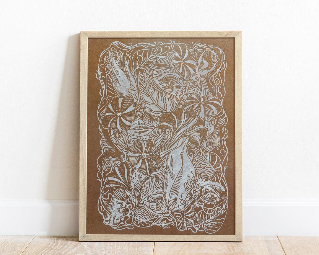 Linocut 印花白色棕女人的身体部位风铃草和自然植物艺术 - 海报/装饰画/版画 - 纸 黑色