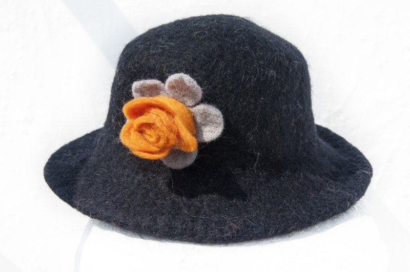 欧洲帽 针毡帽 老爷帽 手工帽羊毛毡帽 手工羊毛毡帽 羊毛帽 设计帽 圆顶帽 圣诞礼物 生日礼物 情人节礼物-黑橘色花朵 - 帽子 - 羊毛 多色