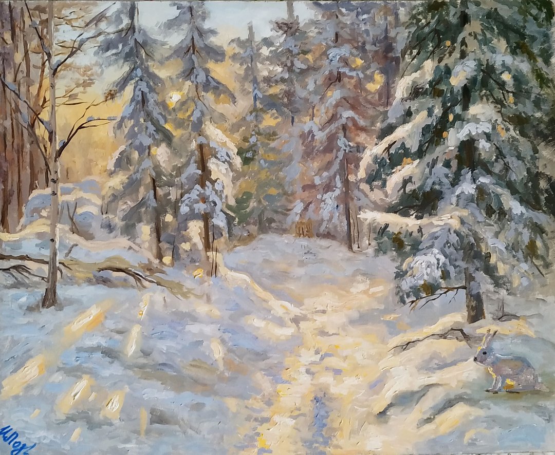 Winter Pine Tree Painting Original Art Snow Forest Wall Art Rabbit artwork - 墙贴/壁贴 - 其他材质 多色