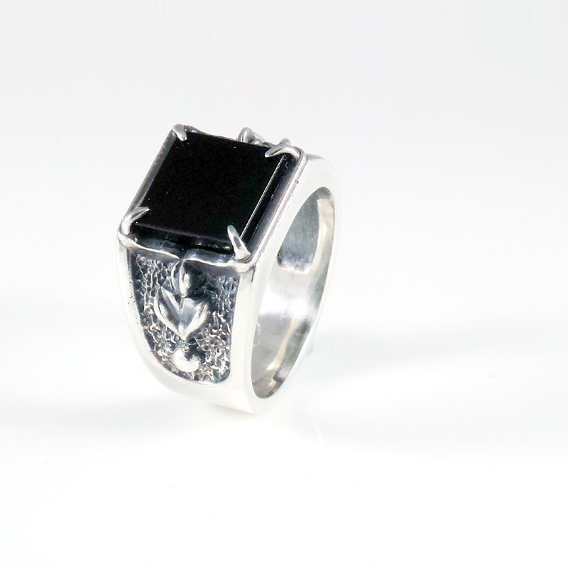 砂岩纹理纯银封章版型戒指 - 黑玛瑙.S925银 - 磐砾坤灵系列 - 戒指 - 宝石 黑色