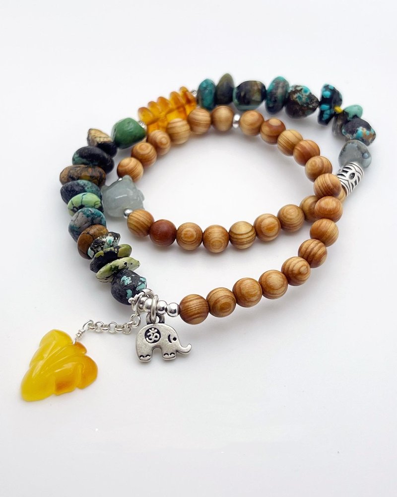 崖柏双圈绿松石设计款手串 - 手链/手环 - 木头 咖啡色