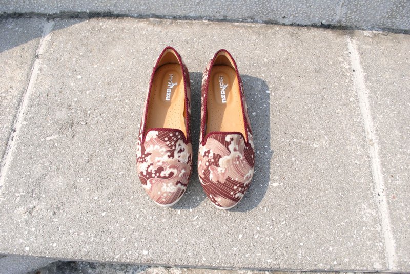 【鸣门涡潮】日本风 海浪 包鞋 休闲鞋乐福鞋/日本进口布料/真皮内里 型号：B91905酒红 - 女款牛津鞋/乐福鞋 - 真皮 红色