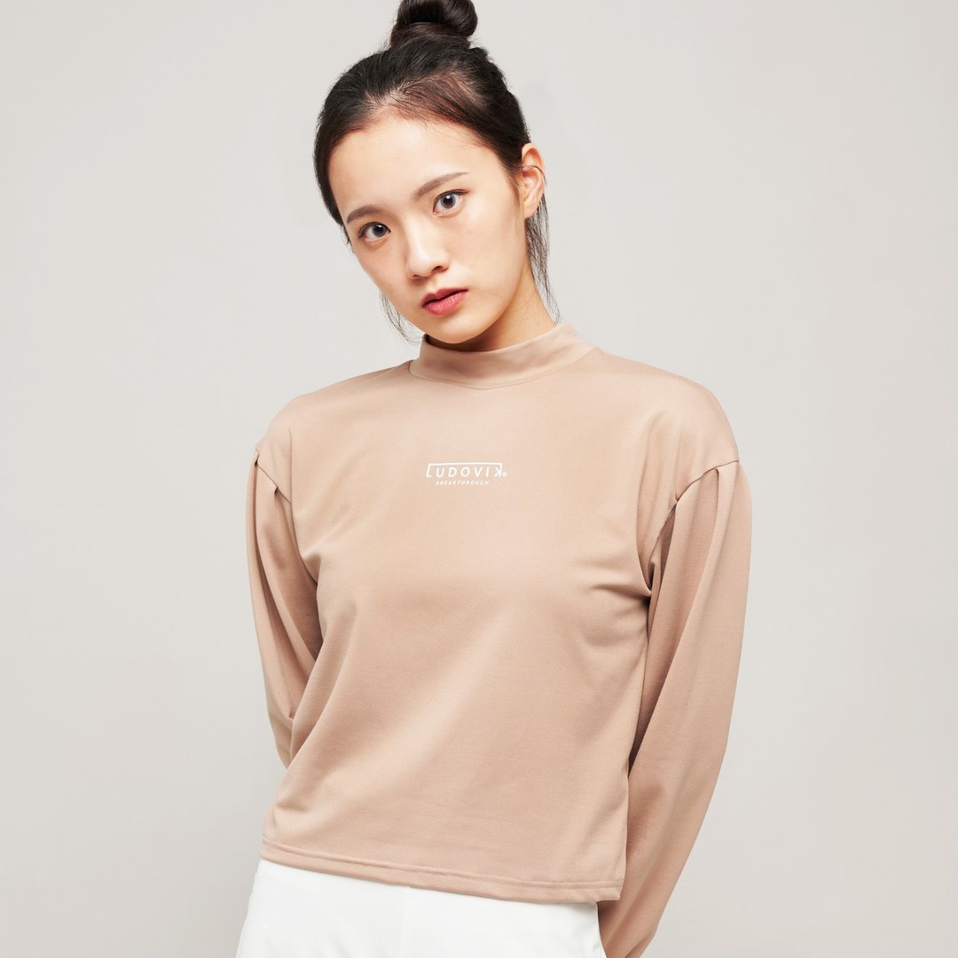 落肩褶裥长袖上衣 蜜奶茶 - 女装上衣 - 聚酯纤维 卡其色