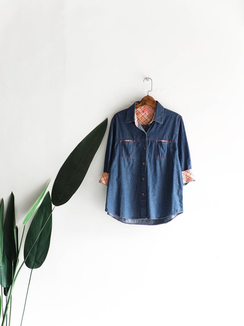 神奈川靛蓝粉格微凉青涩日志 古董棉质丹宁衬衫上衣外套 shirt - 女装衬衫 - 棉．麻 蓝色
