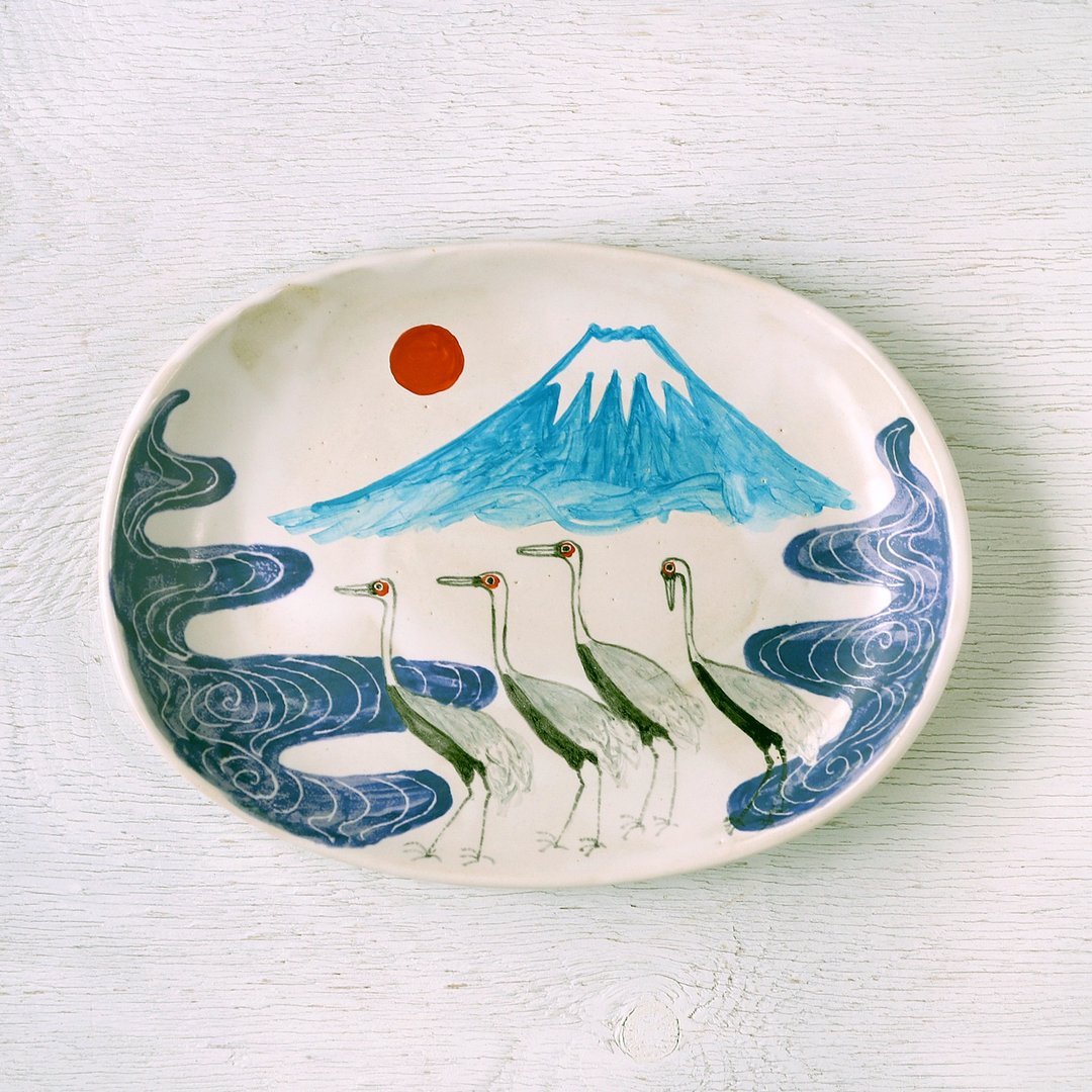 蓝色富士和一群起重机，木刻风格 2 彩色椭圆形板 - 盘子/餐盘/盘架 - 陶 蓝色