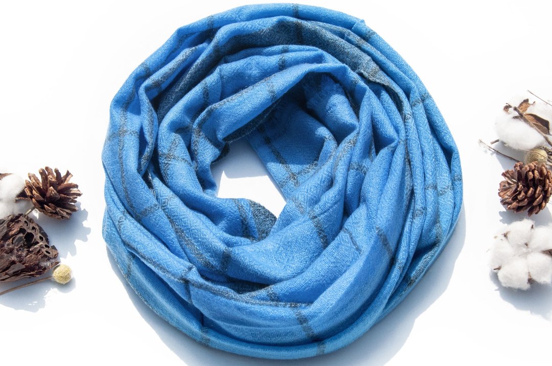 喀什米尔Cashmere 针织围巾 纯羊毛围巾 手织围巾 编织围巾-格纹 - 围巾/披肩 - 羊毛 蓝色