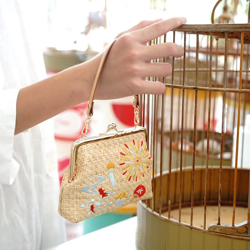 独家创作|日本蔺草创作方型收纳口金包-夏日纳凉 - 侧背包/斜挎包 - 植物．花 