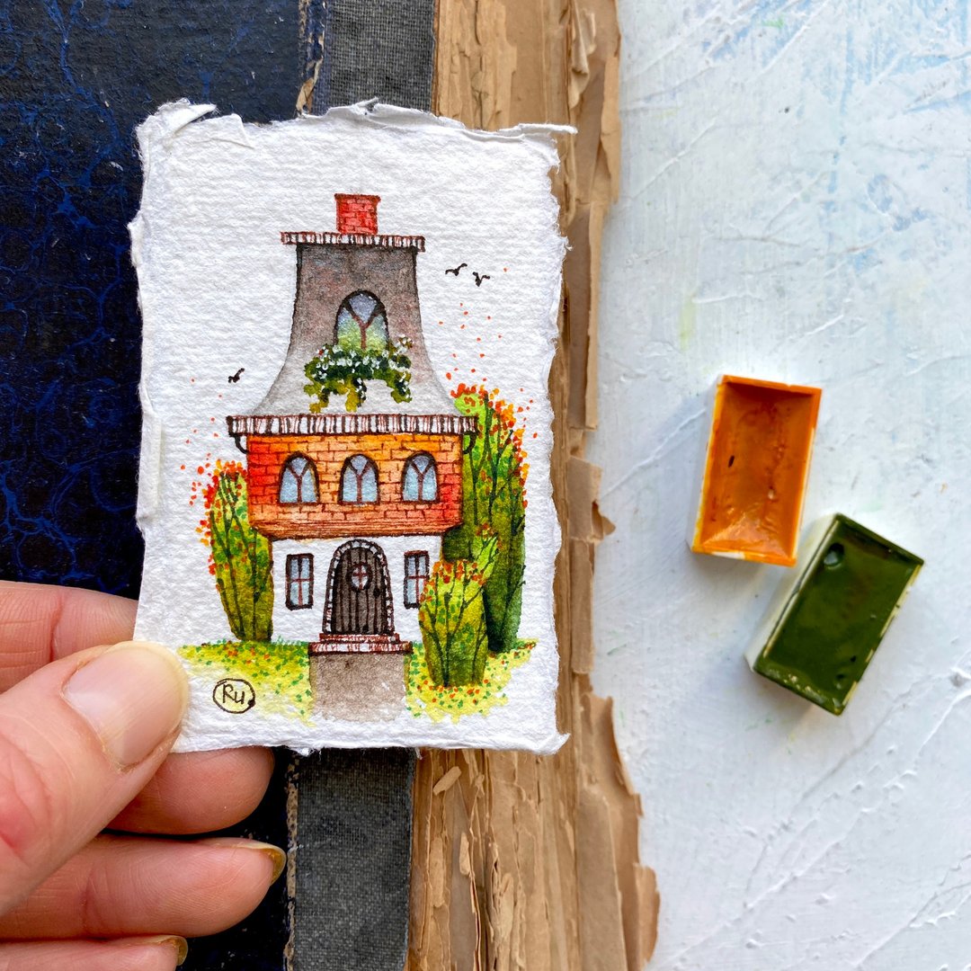 Miniature art Architecture Original watercolor Tiny painting by Rubinova - 海报/装饰画/版画 - 纸 橘色