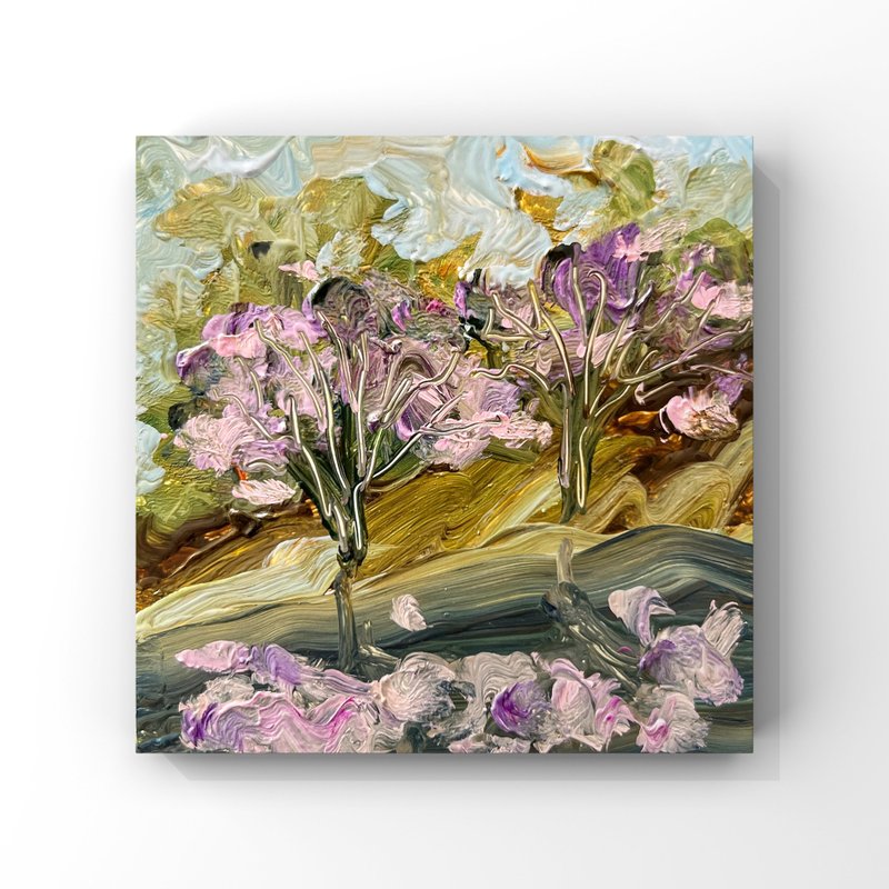 春季盛开的樱花树和粉红色花朵抽象原创油画 4x4 英寸 - 海报/装饰画/版画 - 其他材质 多色