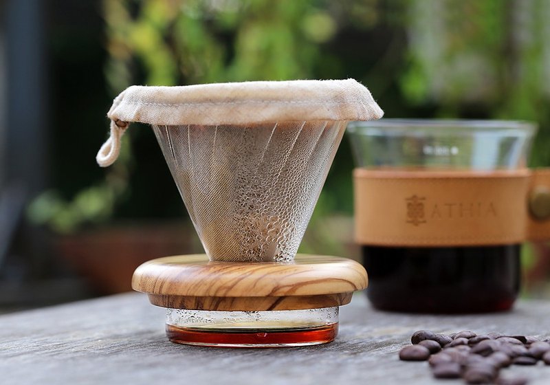 手冲咖啡随行握杯套组 真皮原木 棉麻天然滤布 保留咖啡油脂香醇 - 玻璃杯 - 玻璃 咖啡色