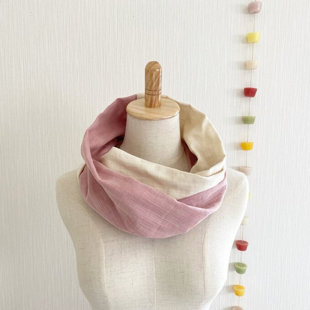 Made in Japan Soft spring / summer snood bicolor smoky pink x vanilla milk - 围巾/披肩 - 棉 粉红色