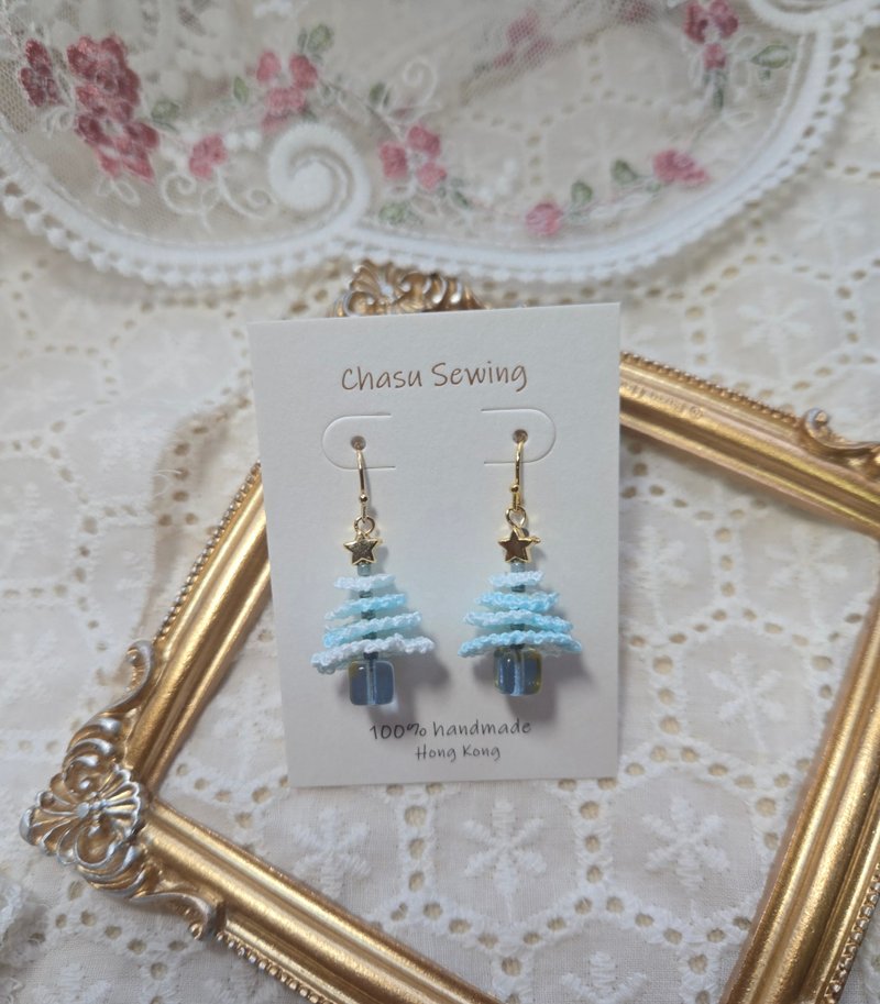 圣诞限定2025 | 层层圣诞树耳环 - 耳环/耳夹 - 绣线 绿色