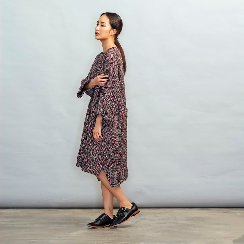 红色毛纺圆领宽松长洋装 - 洋装/连衣裙 - 羊毛 红色