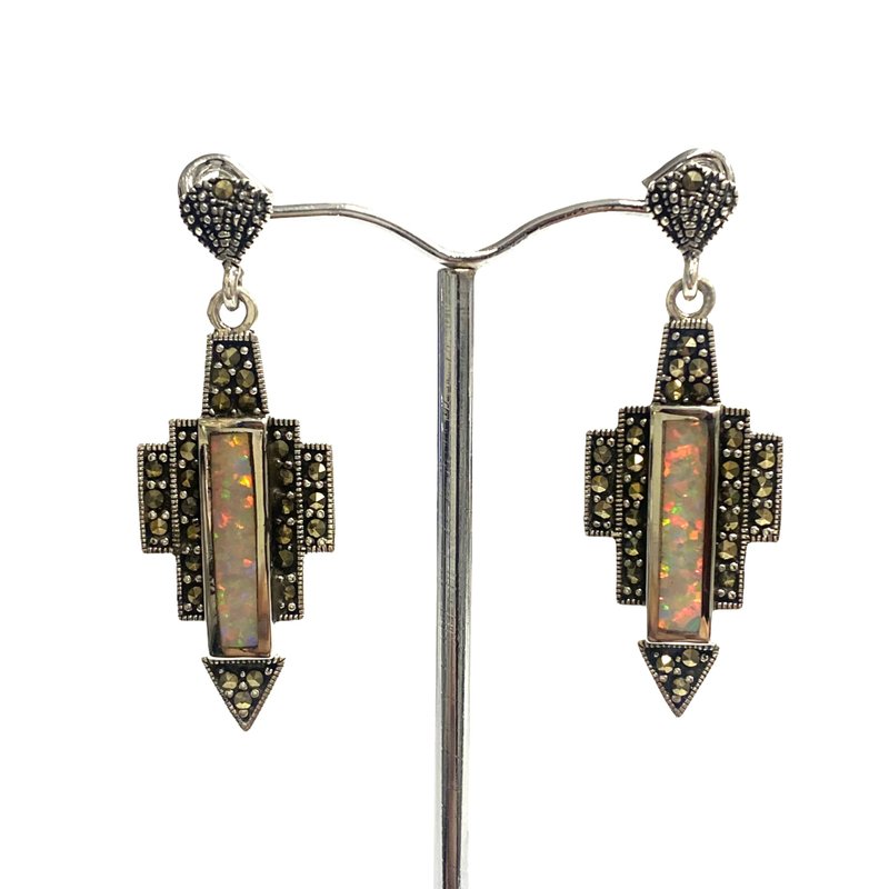 Art Deco Fine Gilson Opal Stone Set Pendant and Earrings 925 Sterling Silver - 耳环/耳夹 - 纯银 银色