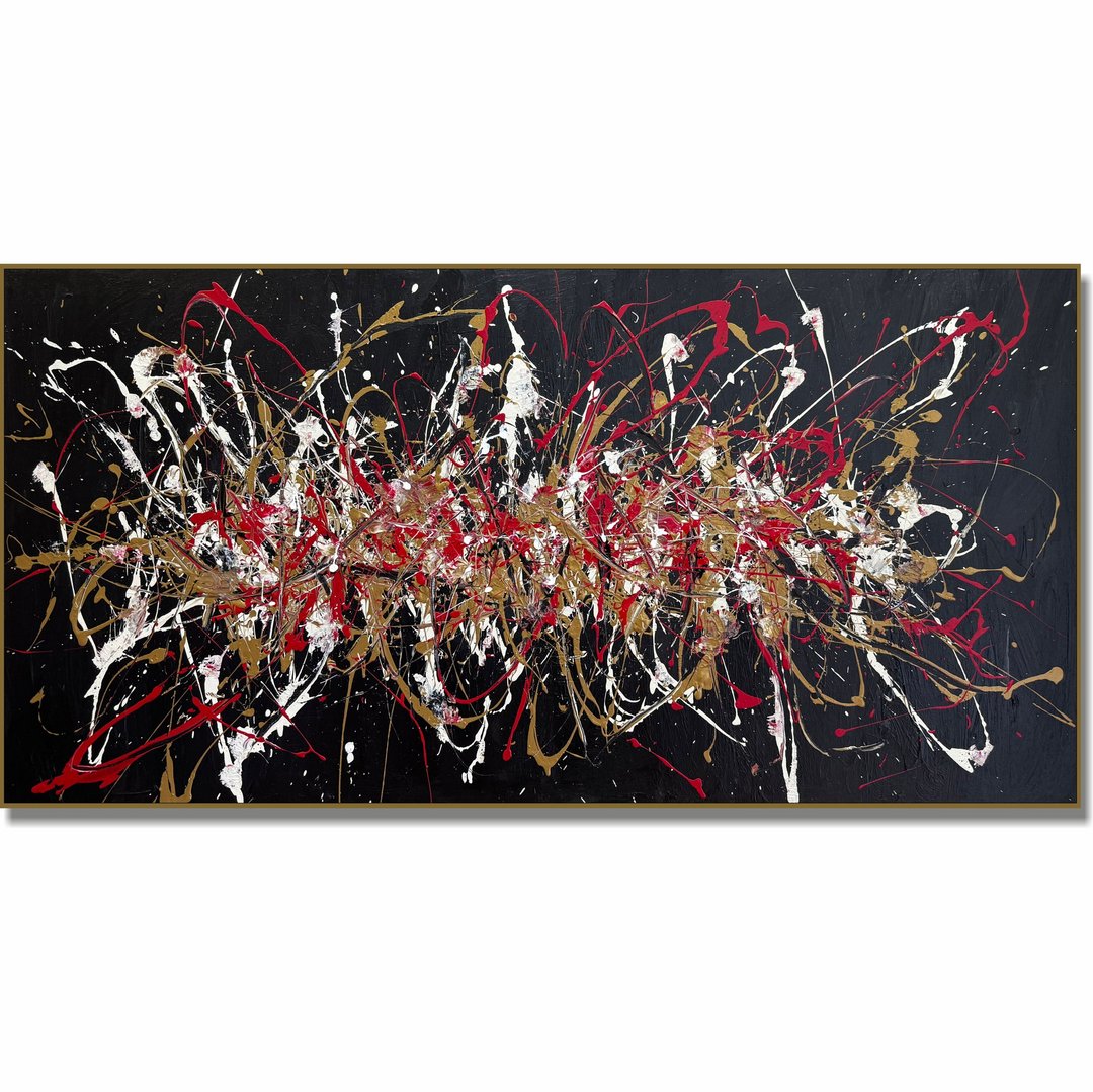 大型杰克逊波洛克风格抽象滴画，红色和金色泼墨艺术 - 墙贴/壁贴 - 压克力 黑色