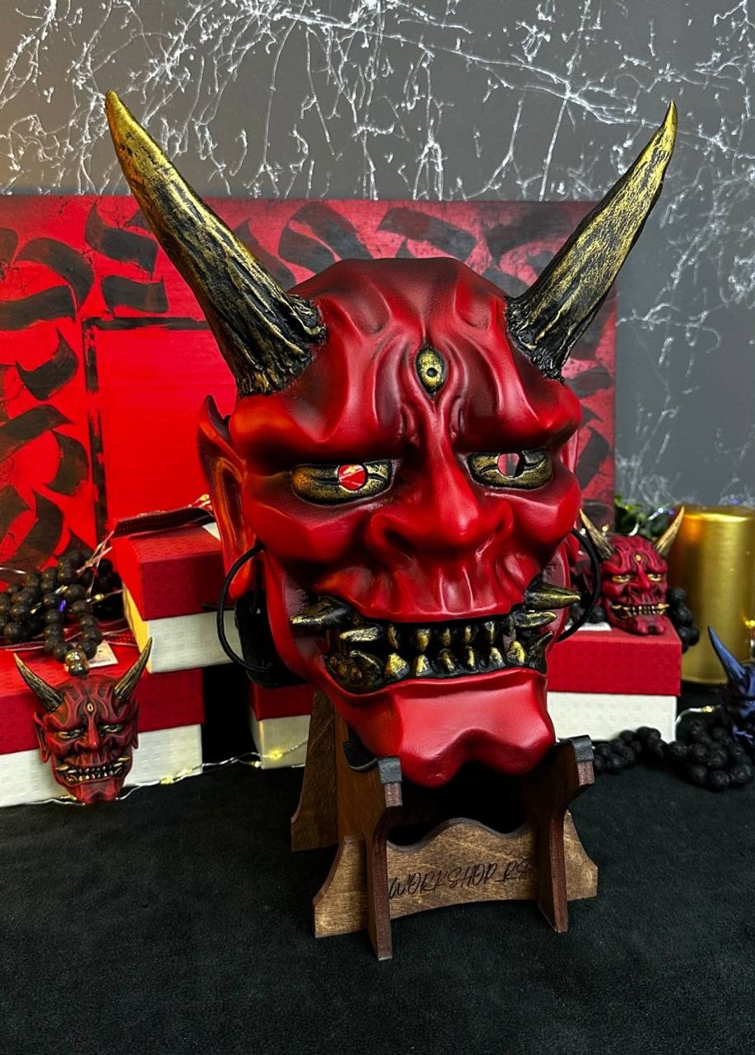 日本红色鬼面具 可穿戴恶魔面具墙面鬼面具妖怪面具 - 其他 - 树脂 红色
