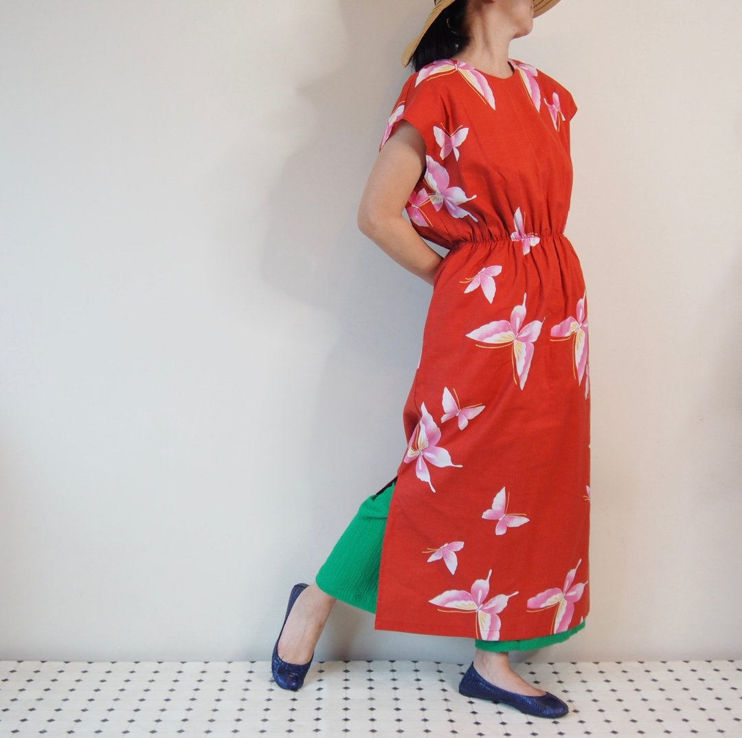 AODAI DRESS MAXI - 砖红色浴衣布料制成的连衣裙 仅此一件 浴衣改造 - 洋装/连衣裙 - 棉 咖啡色