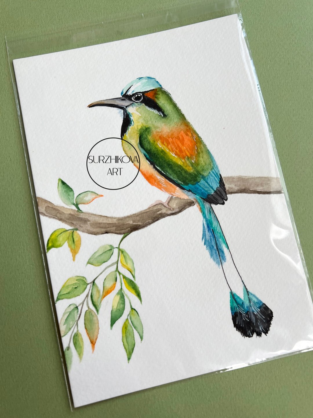 Original watercolor painting of Eumomota superciliosa bird, 5x7 inches - 墙贴/壁贴 - 纸 