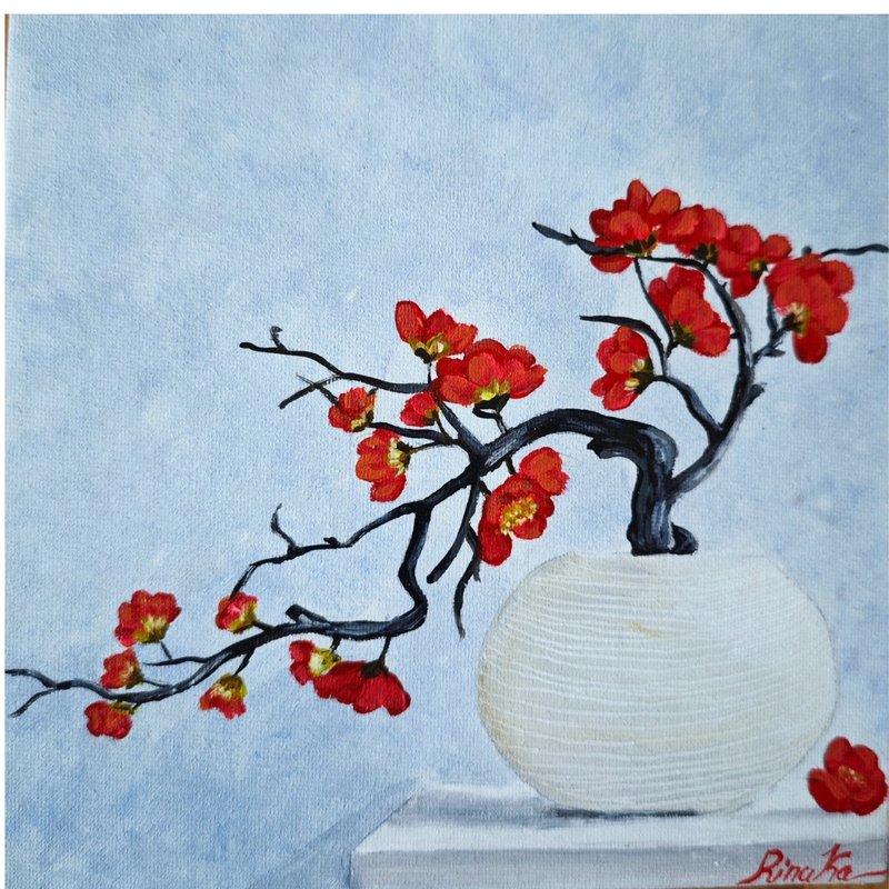 红色花朵插花枝原创艺术手绘作品 作者 RinaArtSK - 墙贴/壁贴 - 其他材质 多色