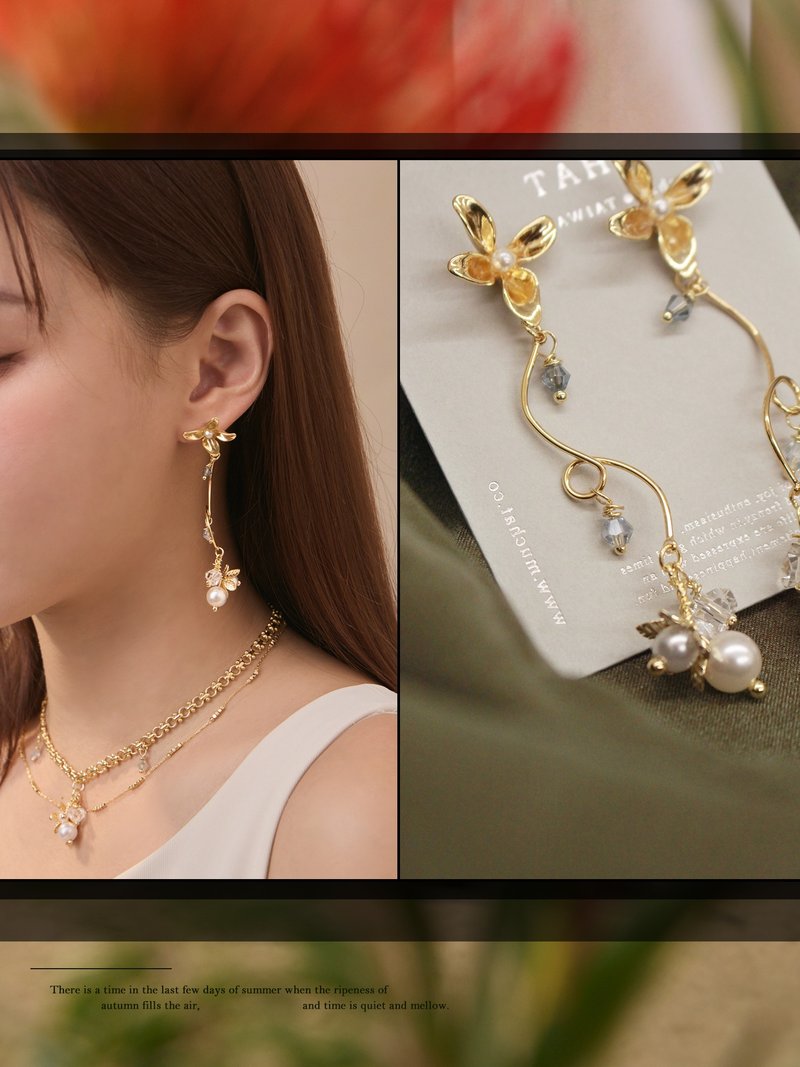 依亚的永恒。MUCHAT手作14KGP花朵水晶珍珠纯银针耳环 - 耳环/耳夹 - 其他金属 金色