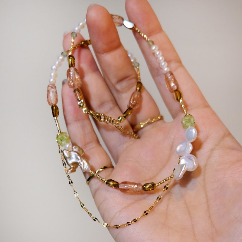 香槟金莎粉色郁金香琉璃珠 浪漫巴洛克花瓣淡水珍珠 锁骨链CHOKER - 锁骨链 - 珍珠 紫色