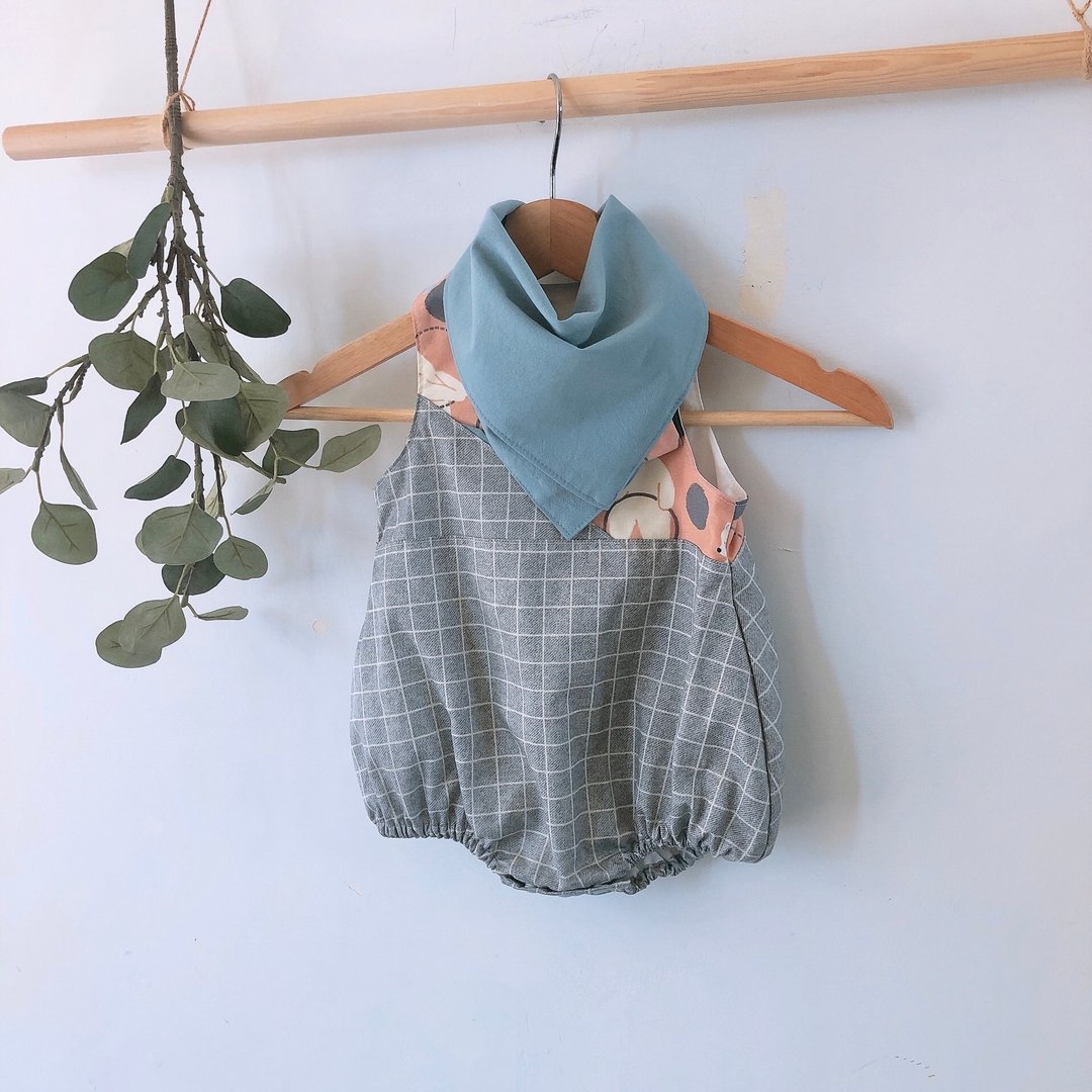 岛森家  / 孩子的大山系列 /包屁服/淘气小熊(灰格纹) - 包屁衣/连体衣 - 棉．麻 粉红色