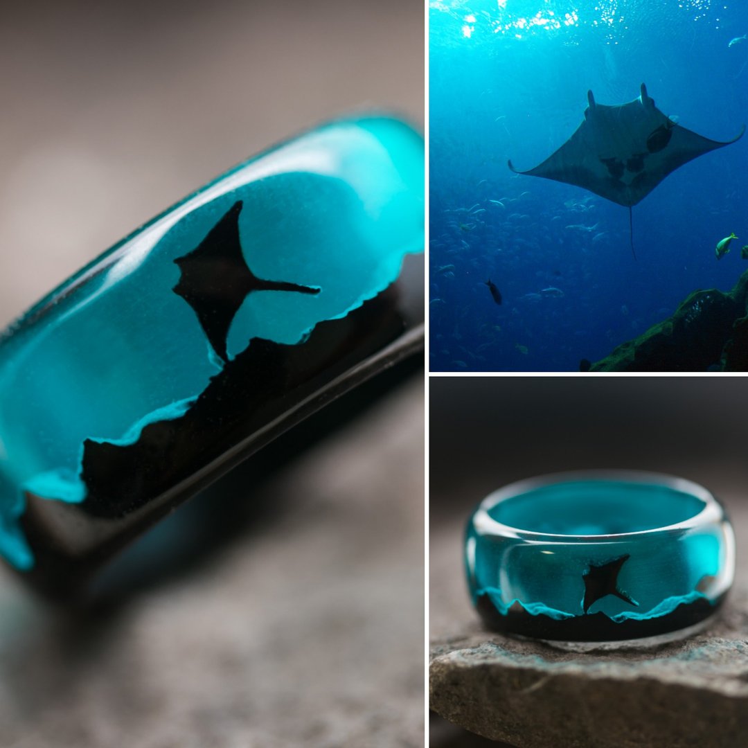黄貂鱼戒指木制树脂首饰男士发光戒指女士魔术戒指 - 戒指 - 树脂 