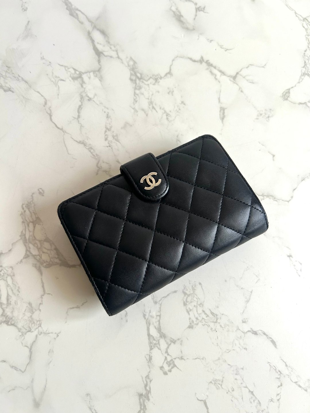 Chanel 黑色菱格小羊皮革中夹 钱包 银包 卡片零钱包 中古包 二手 - 皮夹/钱包 - 真皮 