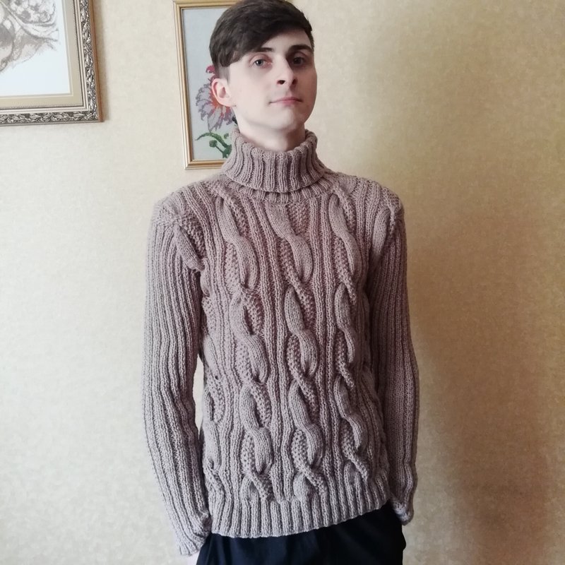 米色男士针织毛衣羊毛柔软高领毛衣舒适厚实手工套头衫风格 - 女装针织衫/毛衣 - 羊毛 咖啡色