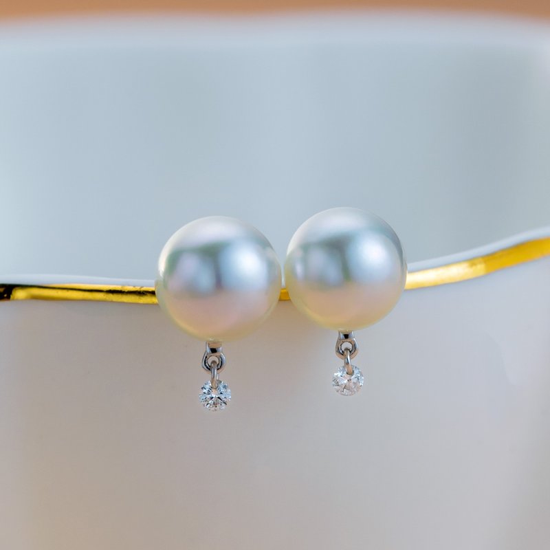 Akoya 银蓝色 单钻灵动 18K白金 钻石耳环 - 耳环/耳夹 - 珍珠 