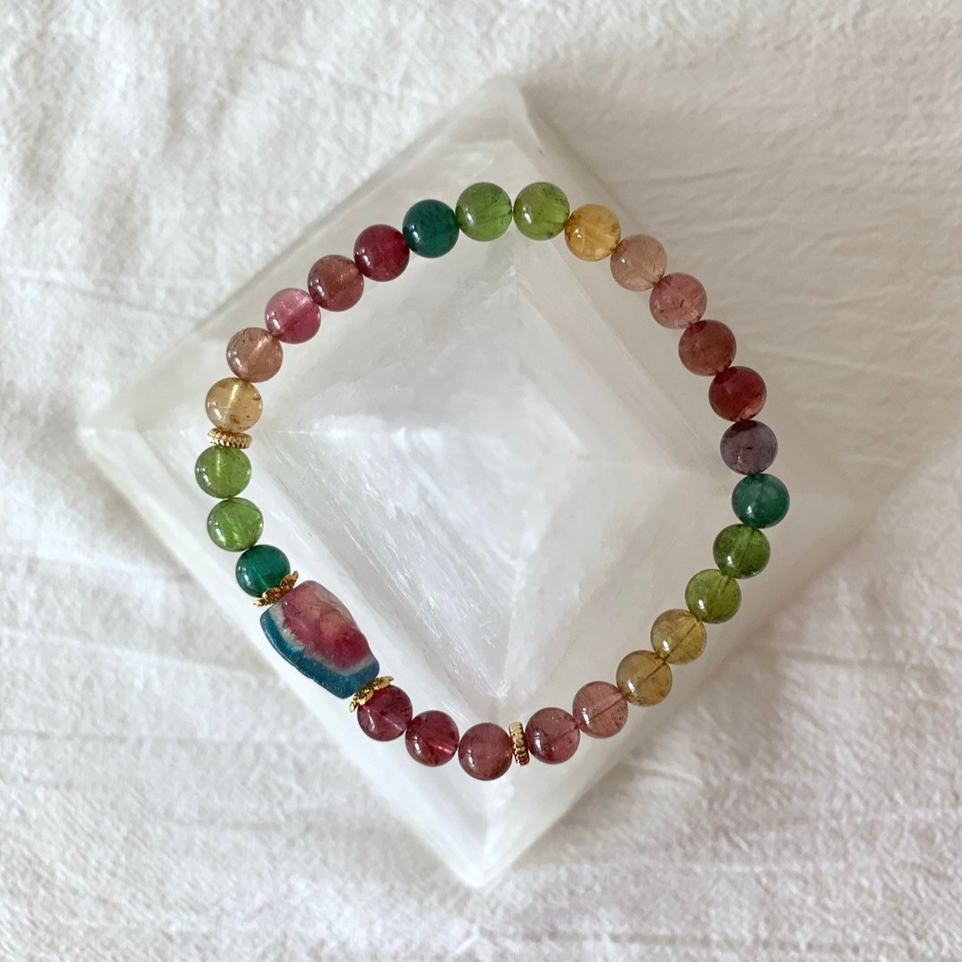 彩虹色系 可爱小溏心原石碧玺手链 天然水晶设计手链 电气石 - 手链/手环 - 半宝石 多色